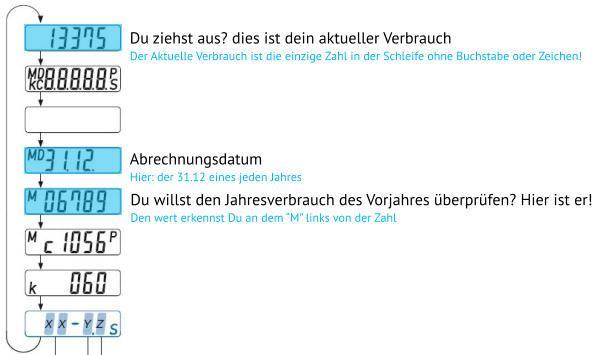 Du ziehst aus? dies ist dein aktueller Verbrauch Der Aktuelle Verbrauch ist die einzige Zahl in der Schleife ohne Buchstabe oder Zeichen! Abrechnungsdatum Hier: der 31.12 eines jeden Jahres  Du willst den Jahresverbrauch des Vorjahres berprfen? Hier ist er! Den wert erkennst Du an dem M links von der Zahl